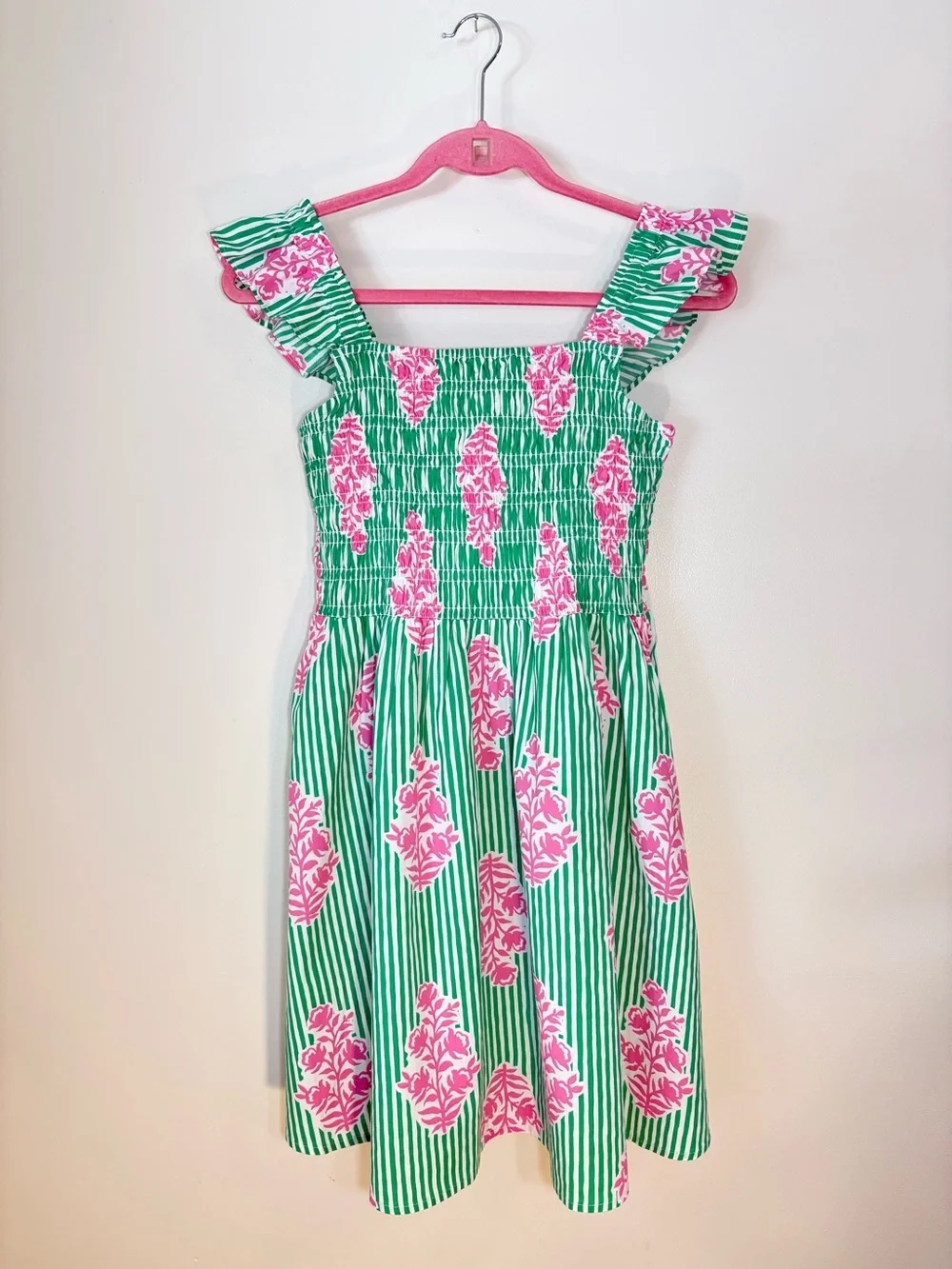 J.Crew Crewcuts Girls 16 Green Pink Striped Smocked Dress CU091 NWT